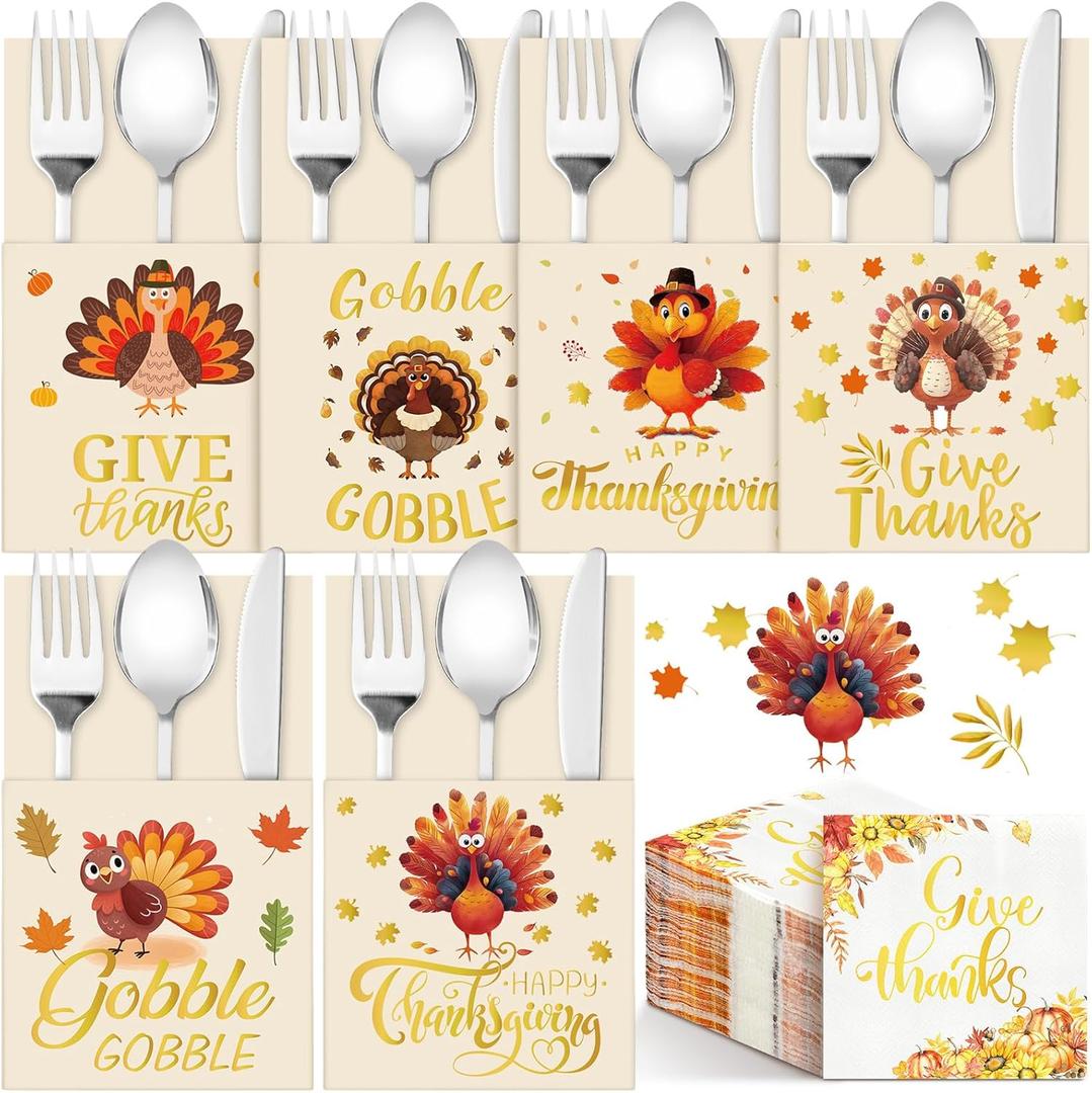 AmazingSpark 108 Pcs Thanksgiving Cutlery Holders and Napkins Including 72 Napkins and 36 Utensil Cutlery Holders Turkey Silverware Paper Pouch for Fall Harvest Party Table Decoration Supplies