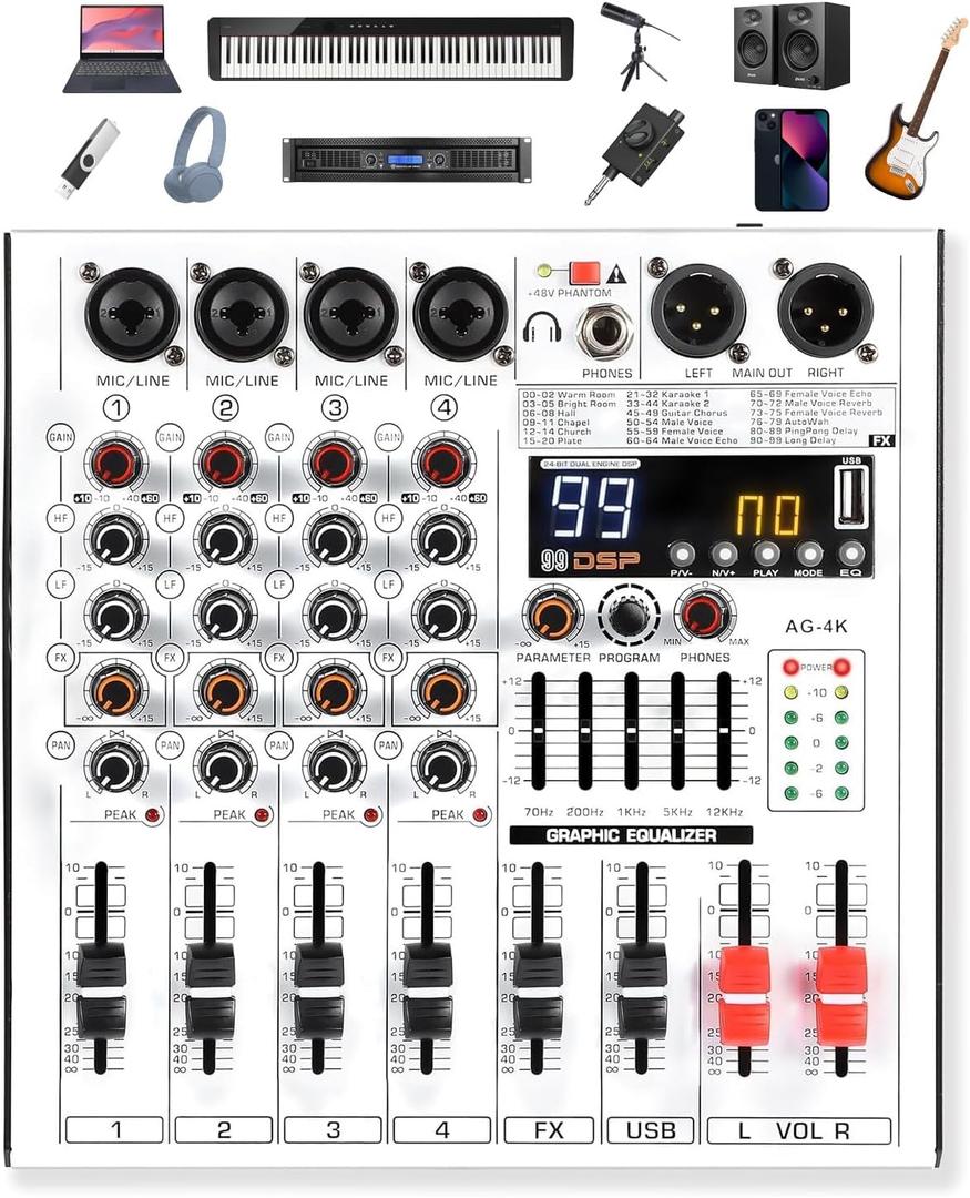 4 Channel Professional Audio Mixer with 4 MIC/LINE Inputs, 5-Band EQ, 99DSP Effects, USB Playback/Recording, +48V Phantom Power for Musicians Live Streaming DJ Podcasting Home Studio(AG-4K)