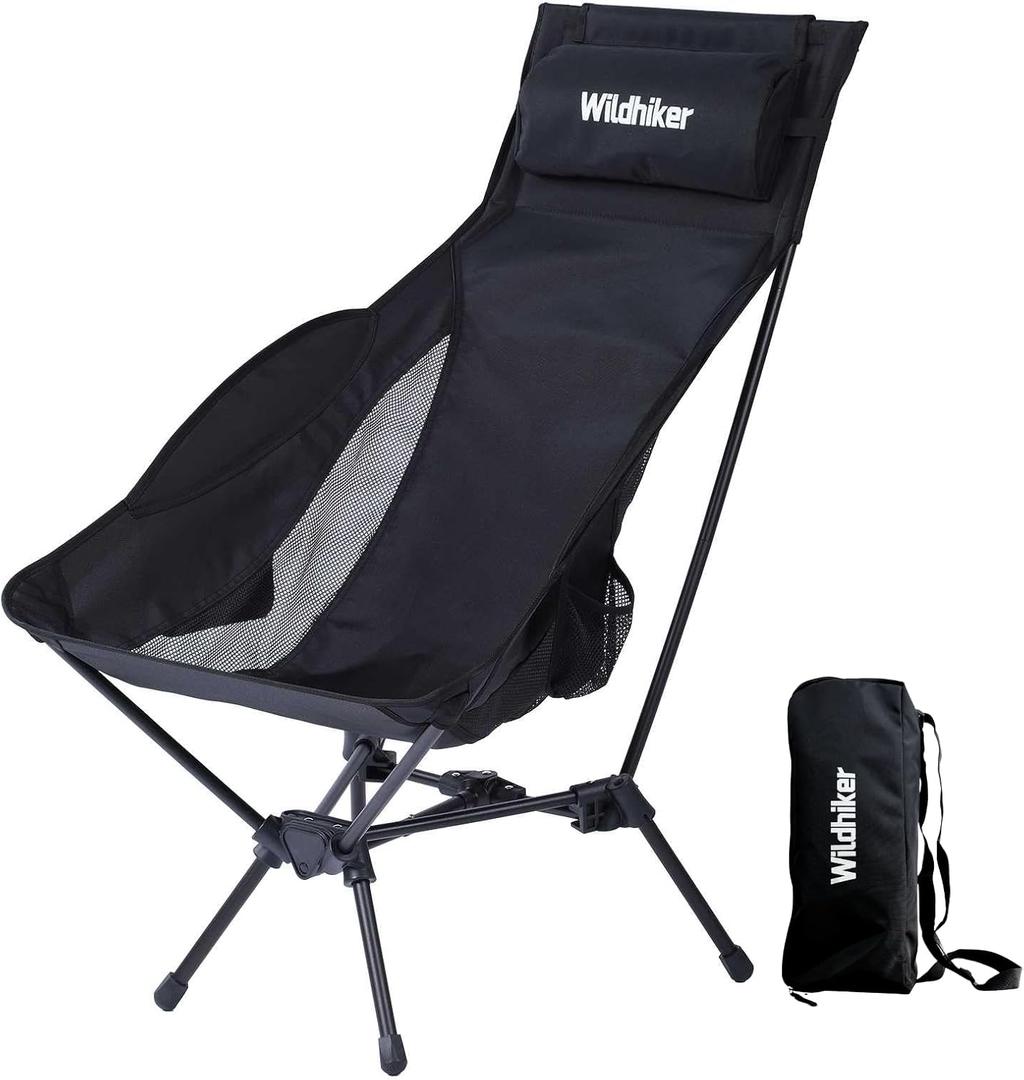 Wildhiker Portable Compact Folding Camping Chairs  Lightweight High Back with Pillow, Deep Recline, ArmPads, Side Pockets-for Motorcycle, RV, Backpacking, Travel, Festival  Black
