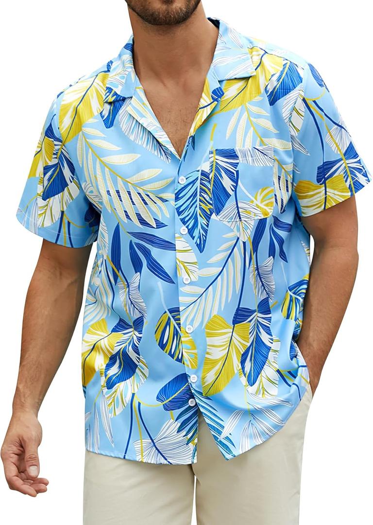 Hardaddy Men's Hawaiian Shirt Short Sleeve Tropical Button Down Shirts Floral Leaf Summer Beach Tops Holiday Wear (Large, Aqua Blue-palm Leaf-01)