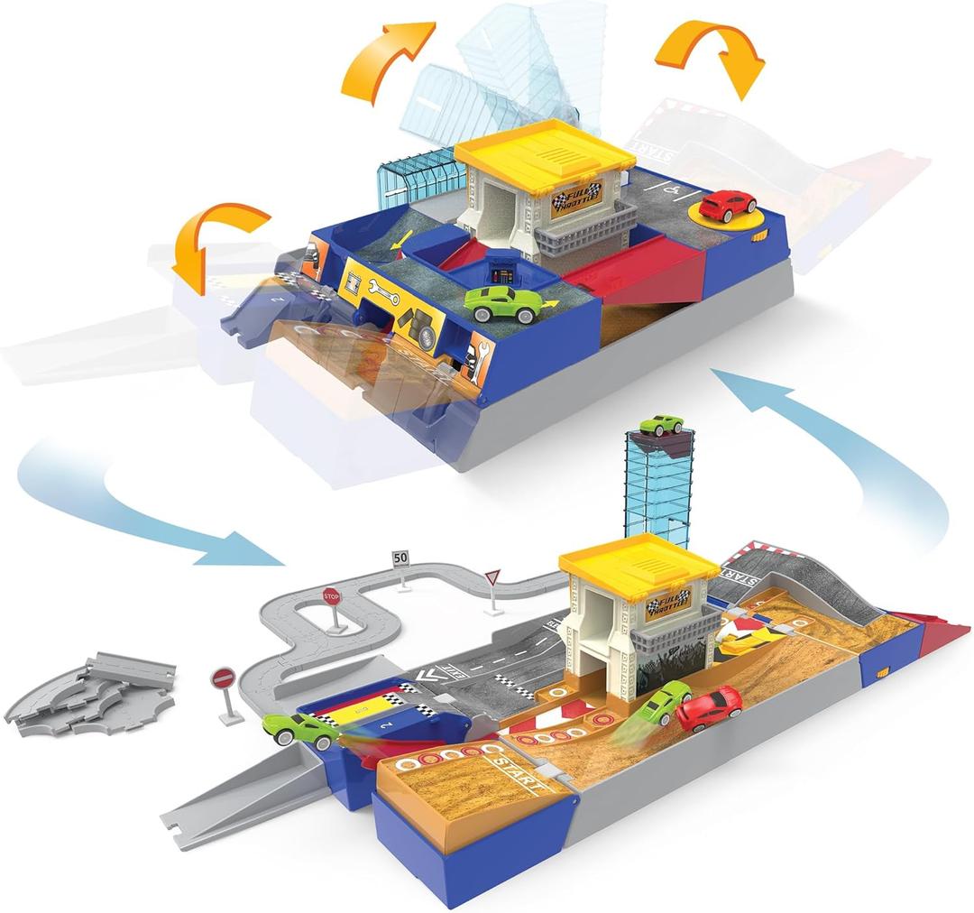 Driven by Battat - 80-Piece Race Track & Auto Shop Playset with Mini Cars - Kids Toys Collapsible Set with Elevator, Road Signs & Multiple Racing Routes - Interactive Vehicle Track System for Ages 3+