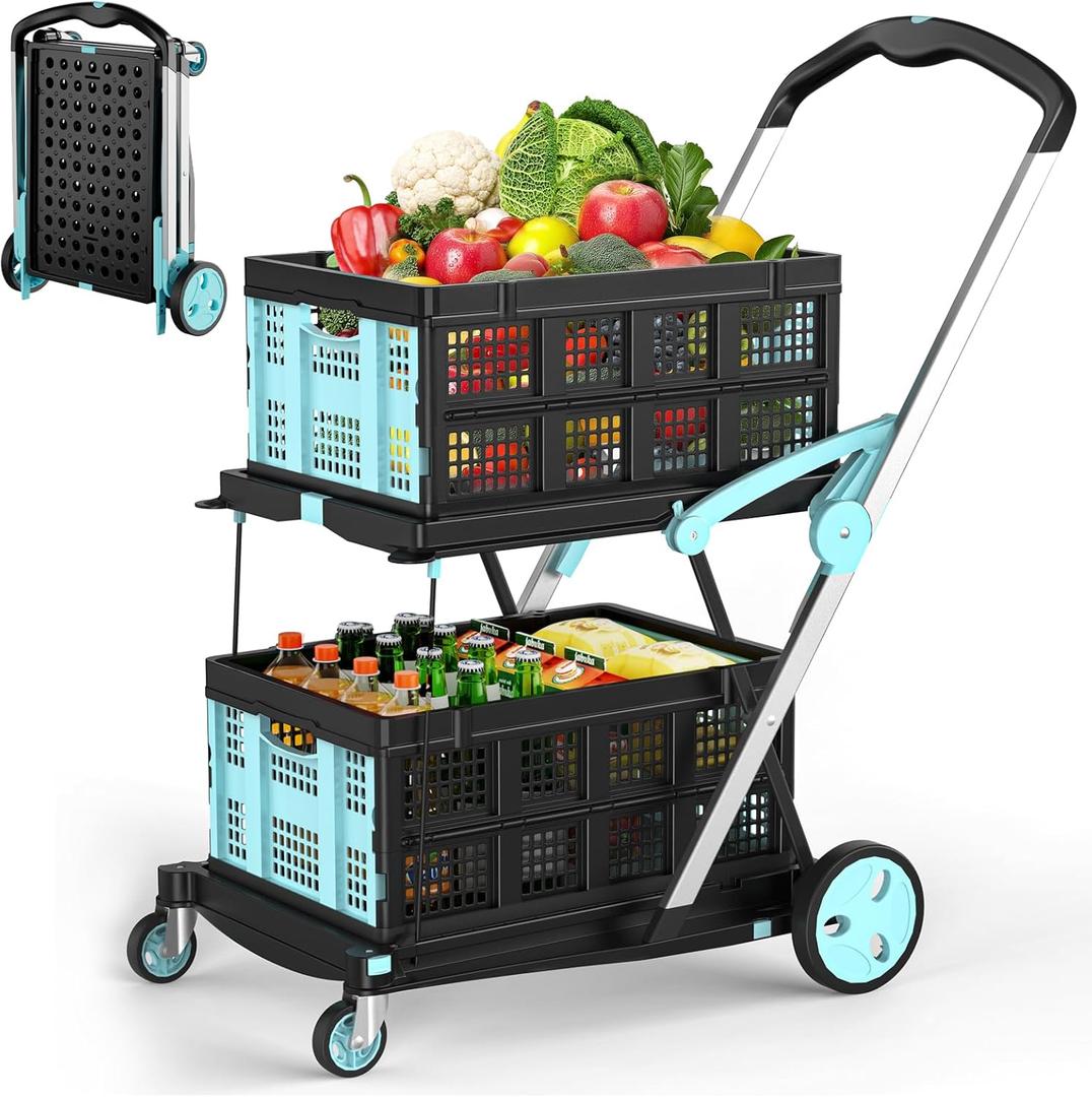 Foldable Shopping Cart, 200 lbs Capacity Grocery Cart on Wheels with Two Collapsible Crate Heavy Duty Collapsible Carts with Foot Brake for Groceries, Office, Warehouse and Supermarket