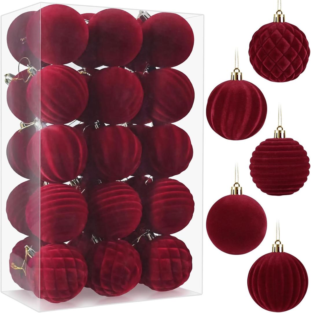 30pcs Velvet Christmas Ornaments Balls, 2.36 Inch Flocked Red Shatterproof Baubles with Hanging Strings, Elegant Velvet Ball Ornaments for Xmas Tree, Holiday Party & Home Dcor (Red)