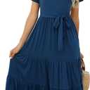 Lyrur Women's Dresses Casual Summer Tiered Midi Dress Short Sleeve Belted Ruffle Babydoll Boho Sundress with Pockets (Medium, Deep Blue)