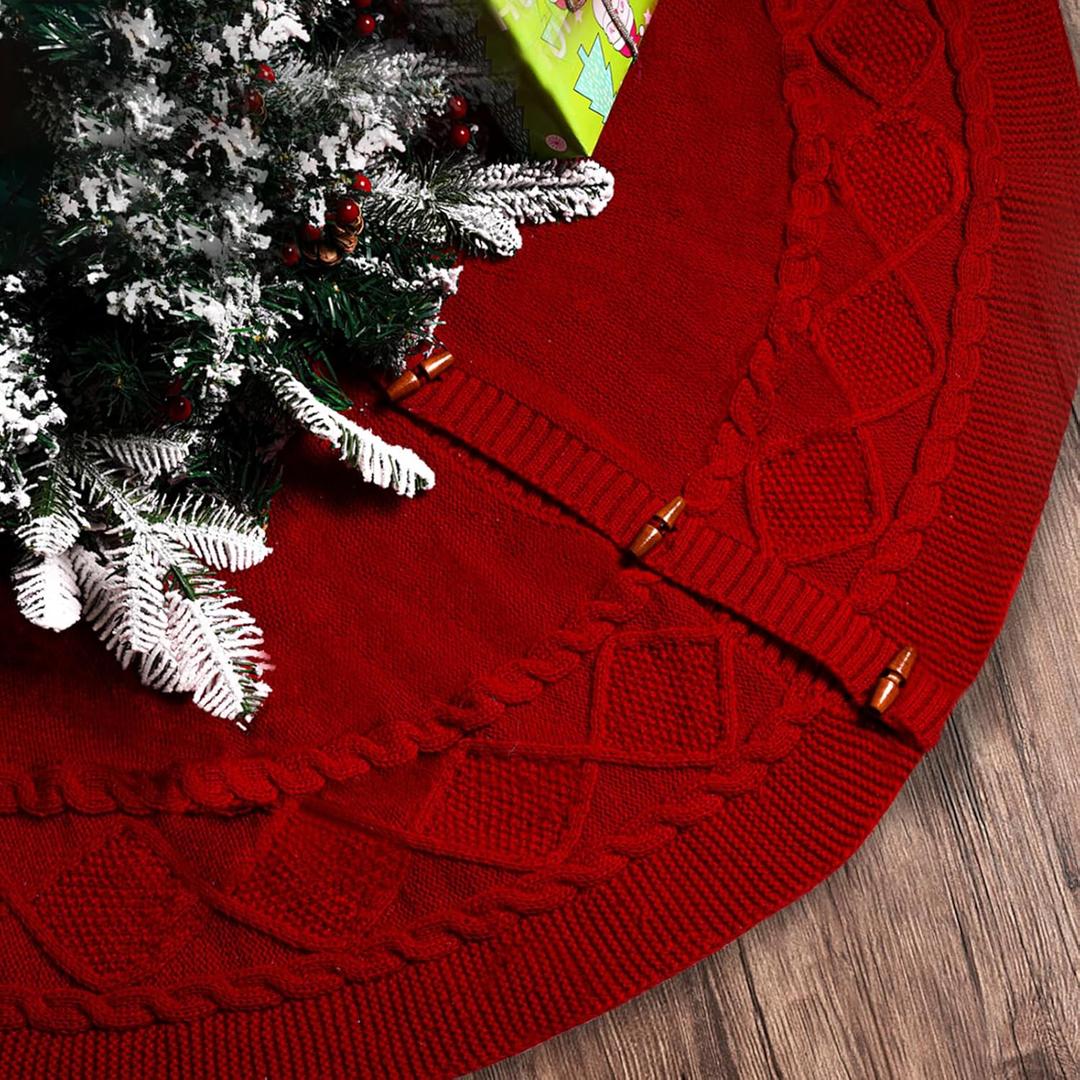 Christmas Tree Skirt, 48 Inch Cable Knit Pattern, Luxury Xmas Holiday Decoration, Thick Rustic Fabric, Home Party Dcor Red
