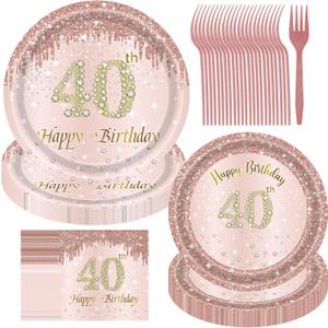 40 Birthday Decorations for Women, 96PCS 40th Birthday Plates and Napkins Set Rose Gold Plates Pink Paper Plates Birthday Decorations for Girls Women 40 Year Old Party Supplies Serve 24 Guests
