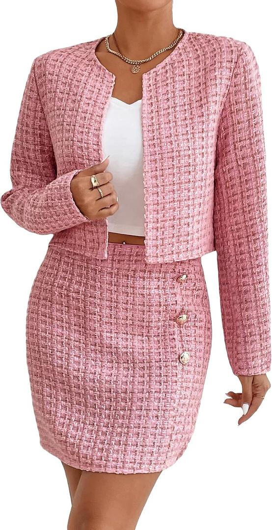 Floerns Women's 2 Piece Outfits Plaid Tweed Blazer Long Sleeve Jacket and Skirt Set M