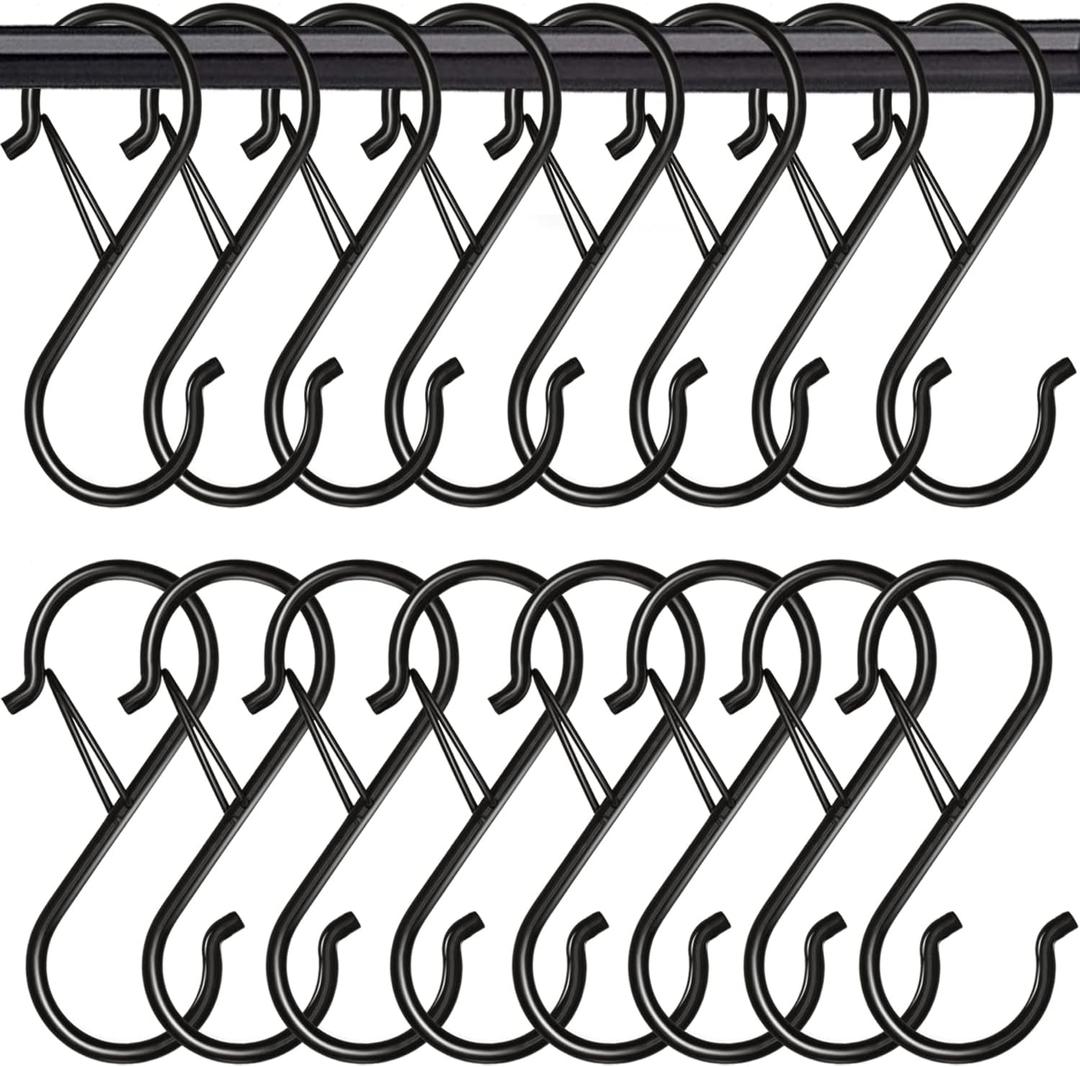 16 Pack Heavy Duty S Hooks with Safety Buckle - S Shaped Hooks for Hanging Plants, Clothes, Kitchen Utensils, Bags (Black)
