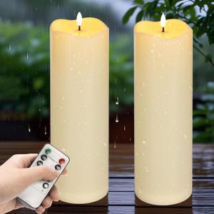 2-pack 4"*12" Large Waterproof LED Battery Operated Candles with Remote, Flickering Pillar Electric Flameless Candles for Christmas, Outdoor Lanterns, Ivory