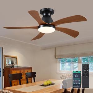 SHIHOT 42 Inch Low profile Ceiling Fans with Lights and Remote, Modern Flush Mount Ceiling Fan Light Fixture for Bedroom with 5 Blades, 6 Speeds, Timing, Dimmable 3 Light Colors