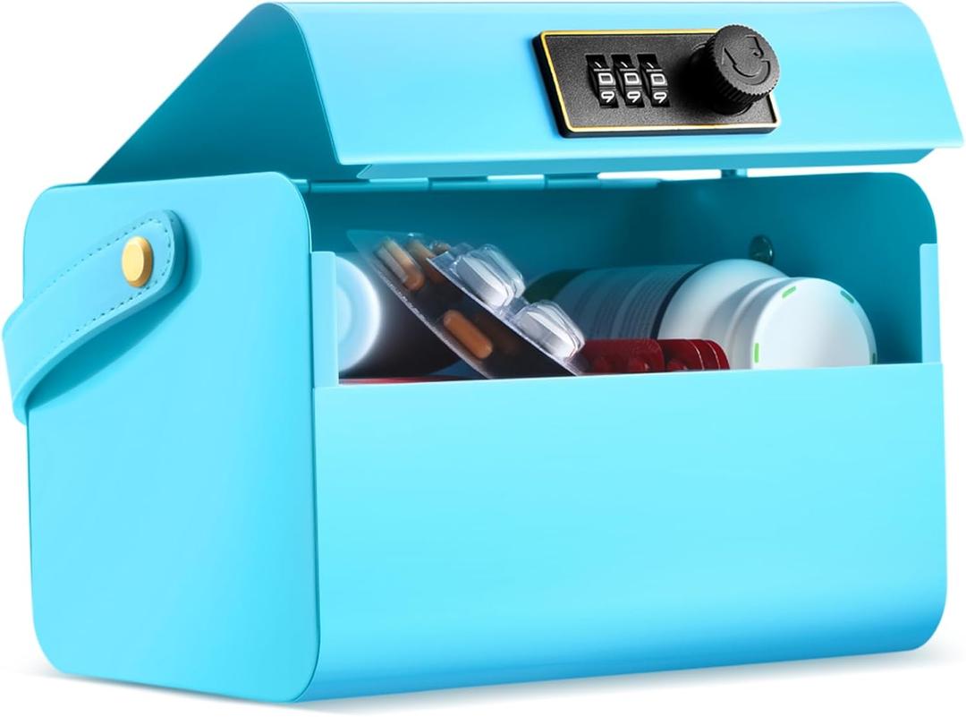 Honeydak Locked Medicine Box for Medication Safe Lockable Metal Storage Box Fridge Snacks Food Phone Container with Combination Code for Personal Private Items Home Dorms Office Organization(Blue)
