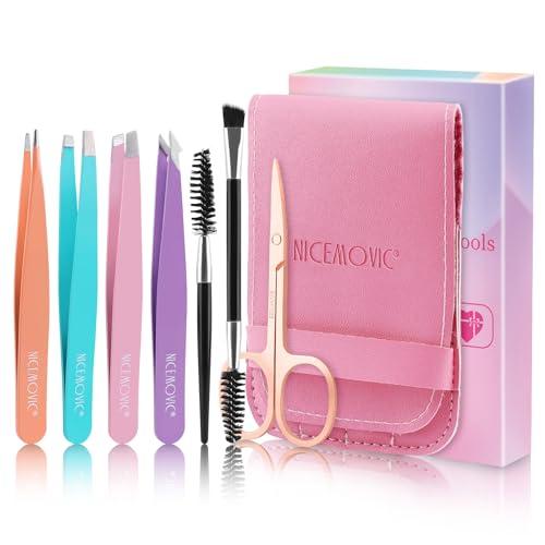 NICEMOVIC 7 Pcs Tweezers Set for Eyebrow, Easter Basket Stuffers for Women Teen Girls, Tweezer Kit for Women Facial Hair with Scissor & Brush, Stocking Stuffers Christmas Beauty Gifts for Teens Girls