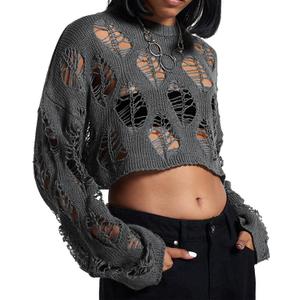 Women's See Through Hole Ripped Crop Tops Knit Pullover Short Sweaters