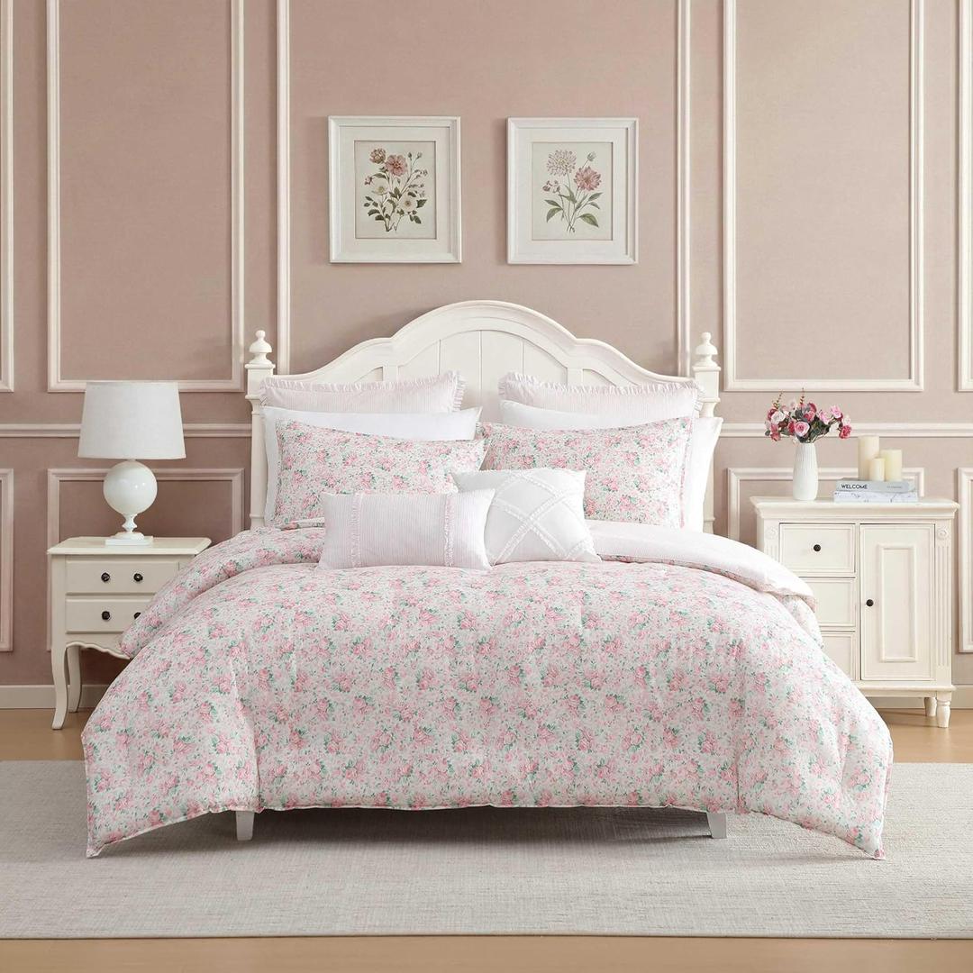 Laura Ashley - Queen Bonus Comforter Set, Reversible Bedding with a Soft Feel, 7 Piece Bed Set with Matching Pillowcases, Euro Shams, & Throw Pillow Covers (Pamelas Posies/Pretty Stripe Pink)