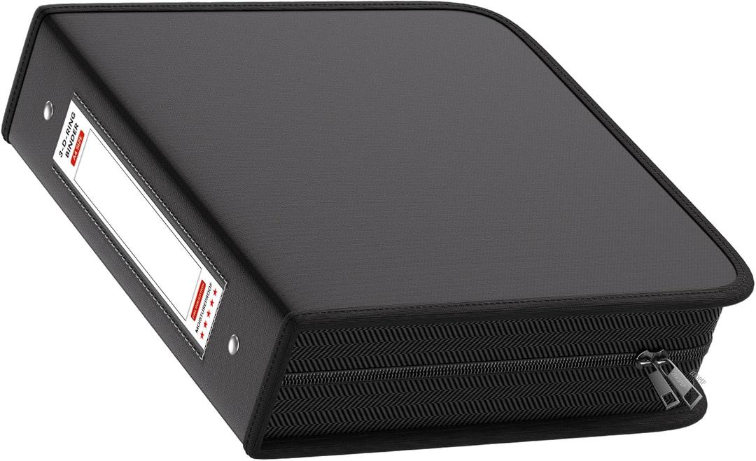 Fireproof 3 Ring Binder with Zipper, 2.5 Inch D Rings Hold up 650 Sheets of 8.5" x 11" (A4), Compatible with Clear Page Protectors, Built-in net and Pen Holder (1 Pcs, Black, 2.5")