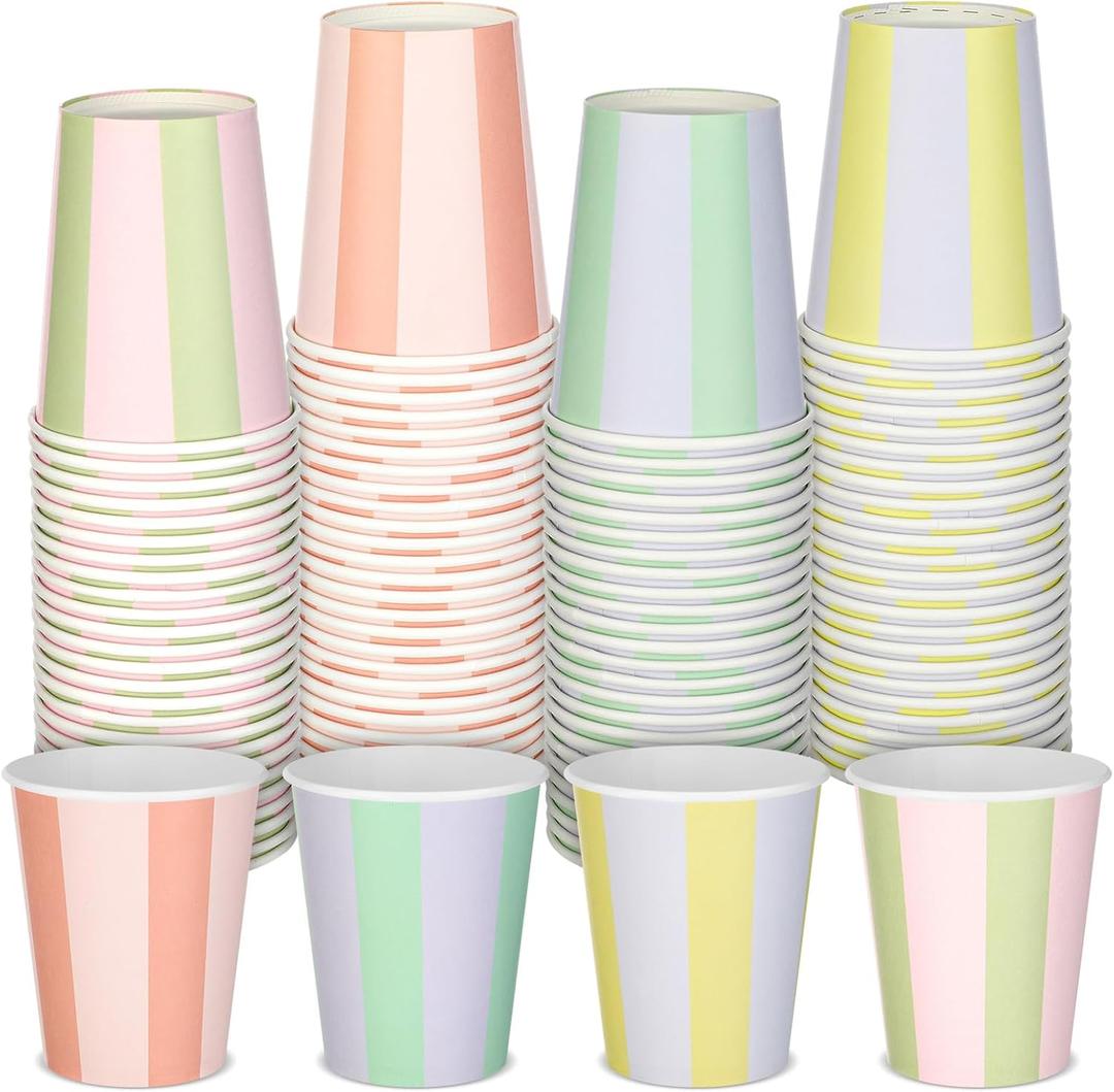 Pastel 100 Pcs Striped Paper Cups 9 oz Cute Disposable Cups Ideal for Hot or Cold Drinking Wedding Birthday Party Supplies