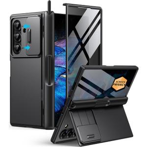 BERFY for Z Fold 7 Case with Stylus and Pen Holder, [Anti Spy] Hidden Kickstand & Slide Camera Cover & Hinge Protective, Full Body Shockproof Slim Hard Phone Case for Samsung Galaxy Z Fold 7, Black