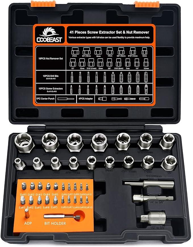 41Pcs Bolt Extractor Kit and Small Screw Extractor Set, Ez Out Bolt Extractor Tool with 5Pcs Compatible Adapter for Stripped Screw, Broken Nut and Bolt Remove