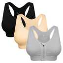 Women's Zip Front Sports Bra Wireless Post-Surgery Bra Active Yoga Sports Bras 3 Pack M