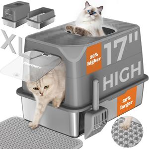 Pawtners Stainless Steel Cat Litter Box, XL Extra Large Enclosed Kitty Litter Pan, Front Entry Top Exit Hooded Metal Cat Toilet for Odor Control with Removable Lid & Scoop, Anti-Leakage, Easy to Clean (Dark Grey With Mat)