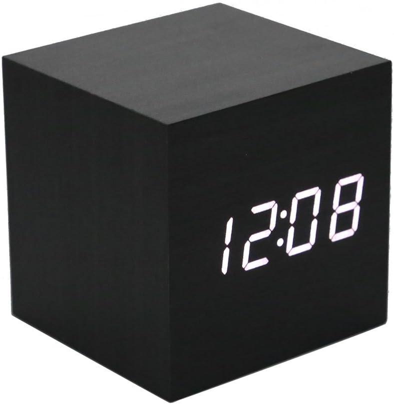 Lancoon Wooden Alarm Clock - Mini Cube LED Digital Clock with Time/Date/Temperature Display, 3 Levels Brightness and Voice Control Great for Home Office Travel - AC10Black_White