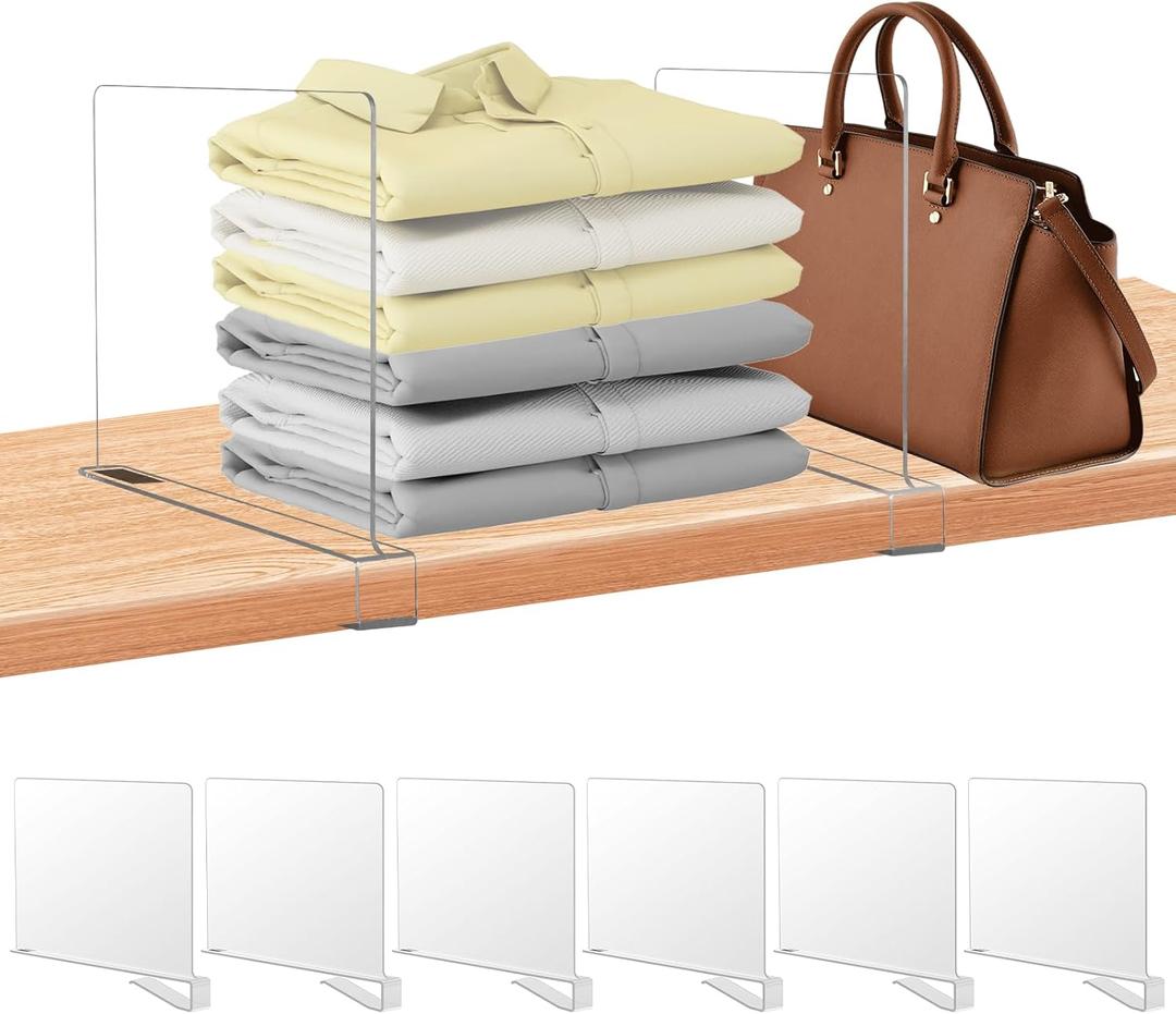 6 Pack Clear Acrylic Shelf Dividers for Closet Organization, Purse Organizers for Closet, Clothing Dividers, Handbag Organizers for Shelves in Bedroom and Office
