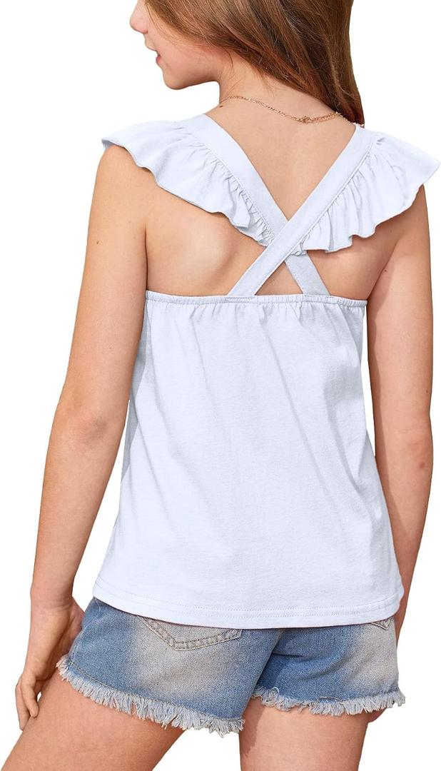 BesserBay Girls Criss Cross Back Flutter Sleeve Crew Neck Tank Tops Back Elastic Lightweight Solid Blouse 5-14 Years