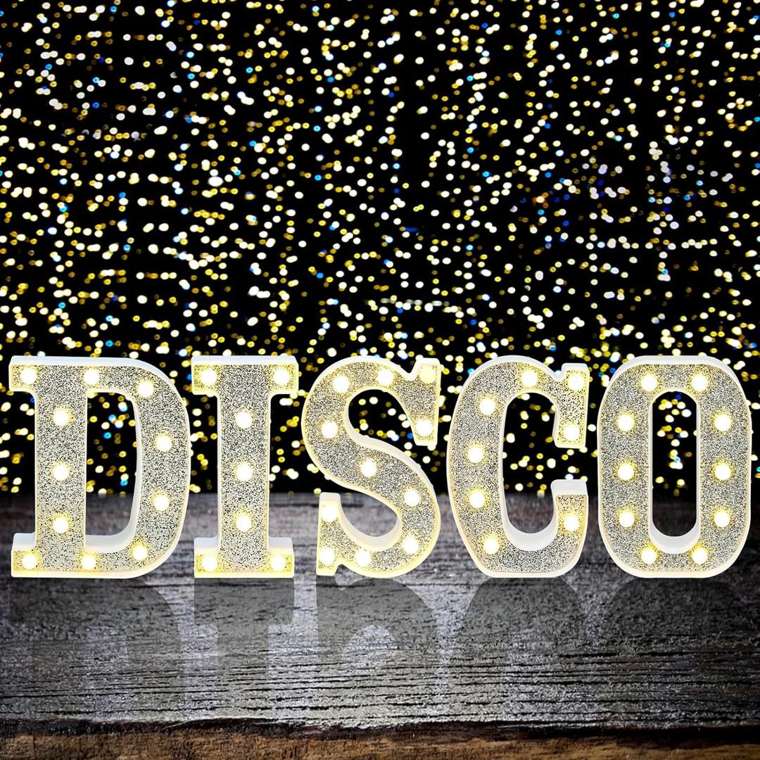 Yoiemivy LED Marquee Letters Light, Disco Party Decorations Disco Sign Silver Glitter Alphabet Shiny Light Up Alphabet Marquee Letter Sign for Bar Holiday Christmas New Year Wedding Party