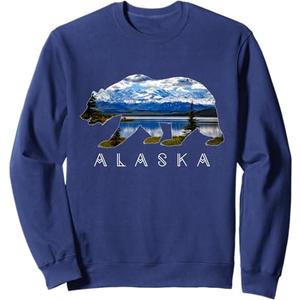 Alaskan Bear with Lake & Mountain Souvenir Sweatshirt Navy Blue, Small