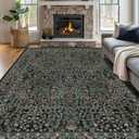 8x10 Washable Area Rugs for Living Room, Stain Resistant Vintage Rugs for Dining Room Under Kitchen Table, Bedroom, Floral Low Pile Non-Slip Large Carpet (8 x 10 Dark Green)