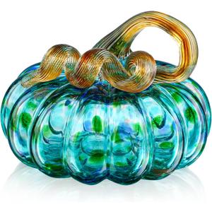 QFkris Hand-Blown Glass Pumpkin for Decorating, 3.4 x 3.5 inches, Fall Decorations for Home, Crystal Pumpkin Figurine (Medium Turquoise)