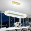 Gold 40in Crystal Ring Chandeliers for Dining Room Dimmable Linear Oval Crystal Ring Pendant Light for Kitchen Island 1 Linear Chandelier LED Acrylic Pendant Lighting, 40in*11.8in