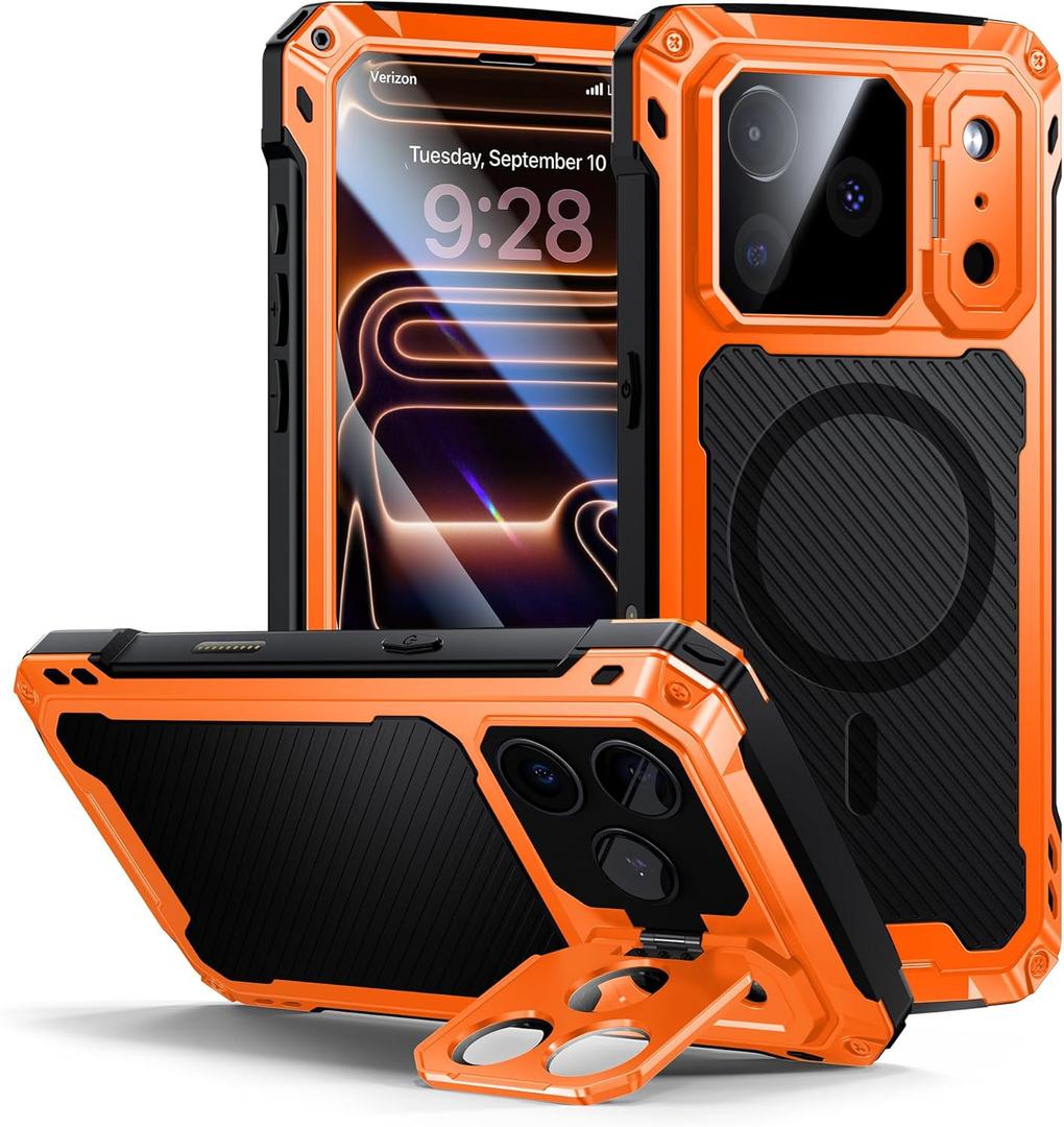 Lanhiem for iPhone 17 Pro Max Metal Case with Kickstand, Compatible with MagSafe, Built in Tempered Glass Screen Protector, Heavy Duty Shockproof Rugged Full Body Tough Phone Cover 6.9" (Orange)