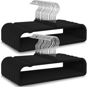 50 Packs Velvet Pants Hangers with Non-Slip Bar, Heavy Duty Clothes Hangers Felt Trouser Hanger Space Saving for Shorts Neck Jeans Strap Dresses, Black (Rectangular)