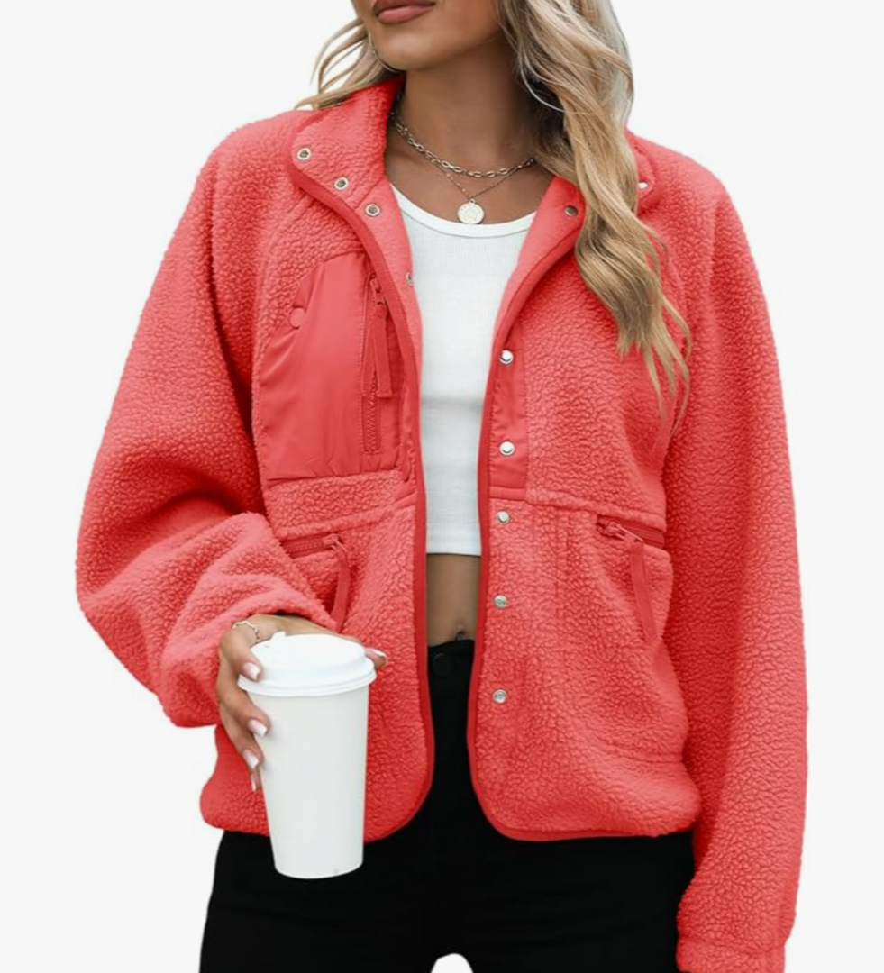 Womens Fleece Jacket Fuzzy Long Sleeve Short Winter Coats Button Down Sherpa Jacket Outerwear with Pockets Size 2 XL, Red 