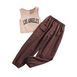 Floerns Girls 2 Piece Outfit Letter Print Rib Knit Crop Tank Top and Cargo Pants Brown 9Y