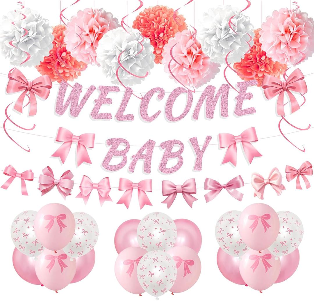 Welcome Home Baby Girl Banner - 35 Pcs Pink Bow Baby Shower Decorations Balloons Banner Garland Swirls Paper Pom Pom For Welcome Baby Gender Reveal Party Decor