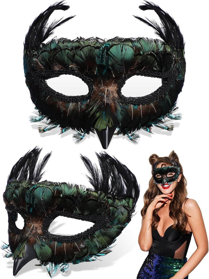 Jenaai 2 Pcs Halloween Masquerade Feather Mask Women Venetian Carnival Animal Masquerade Bird Mask Halloween Costume Cosplay(Peacock)
