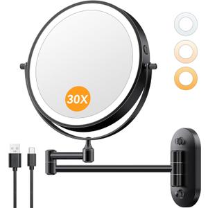 Auxmir 1X/30X Wall Mounted Lighted Makeup Mirror, 8" Rechargeable Double-Sided Magnifying Mirror with Light, Touch Dimmable 3 Color Light, 360 Rotation Foldable Extended Arm, Black