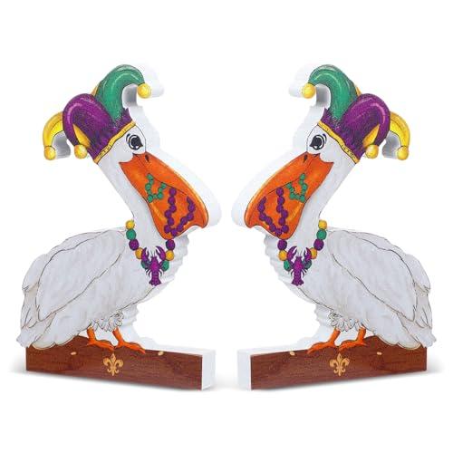 Yousoontic 2 Pcs Mardi Gras Pelicans Table Decorations Mardi Gras Wooden Block Tabletop Sign Centerpieces for Office Desk Farmhouse Home Kitchen Tiered Tray Decor Shelves