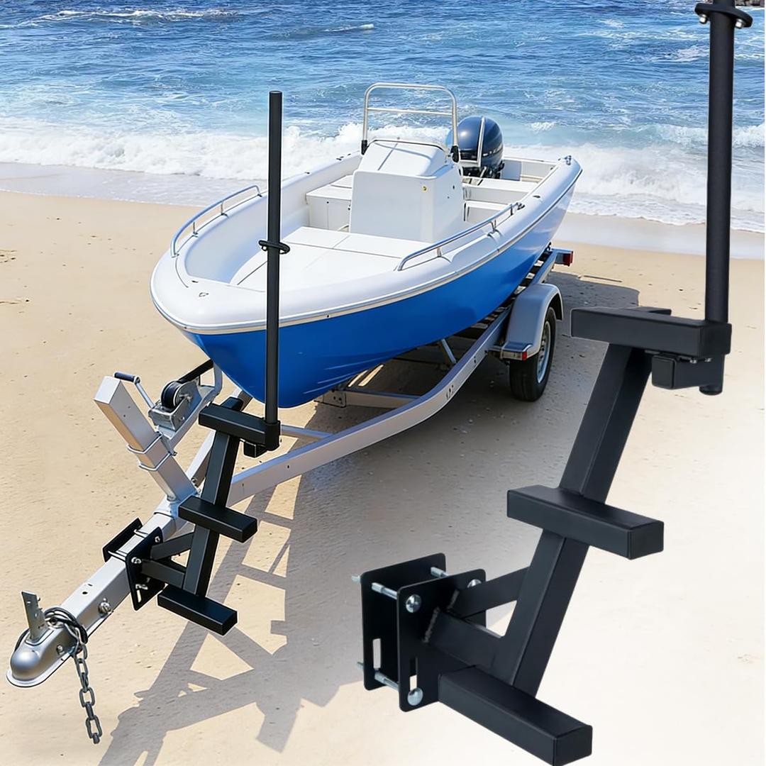 Heavy Duty Adjustable Boat Trailer Steps with Rail System, Multi-Vehicle Compatible Trailer Tongue Access Ladder, Non-Slip Surface - 3-Step Side Mount, Secure Boarding