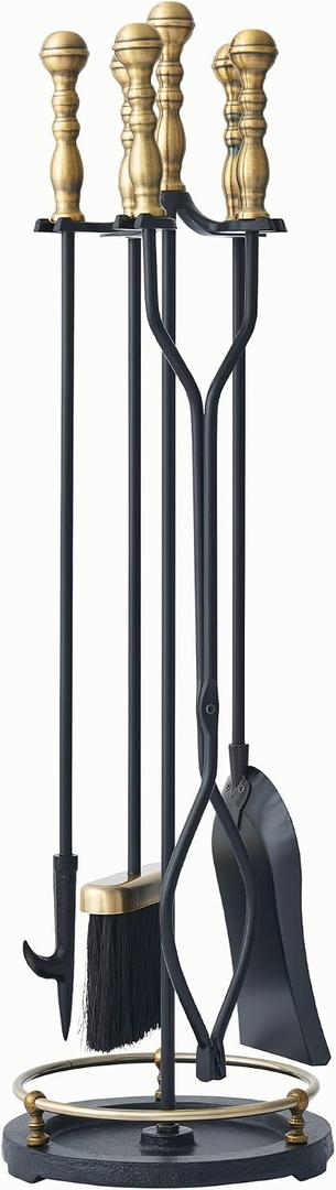 Lichamp Fireplace Tools Set, 5-Pieces Indoor Outdoor Sturdy Fire Place Poker Sets with Retro Gold Handle, FTS45GD