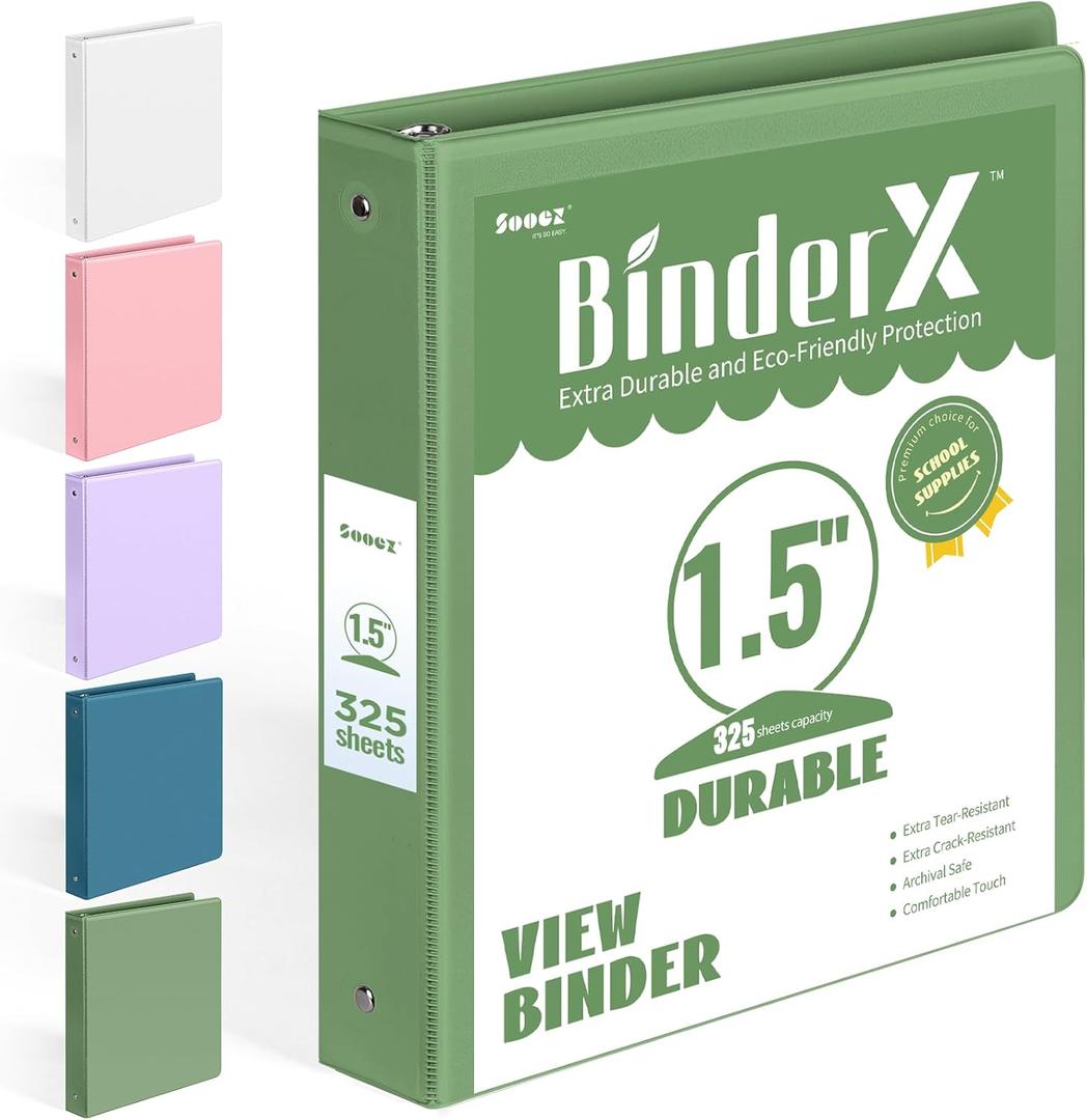 BinderX 1.5 Ring Binder, Sooez Round Ring 1.5 Inch Binders, Fits 325 Sheets of 8.5x11 Paper, Customizable View Cover with Inside Pockets, Cute 1.5" Binder, Olive Green