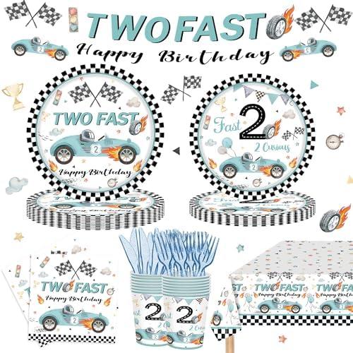 122PCS Two Fast Birthday Party Supplies for Kids Boys 2nd Birthday Party Decor Two Fast Two Curious Racing Car Bday Tableware Set Plates Napkin Cups Forks Knives Banner Tablecloth Serves 20 Guests
