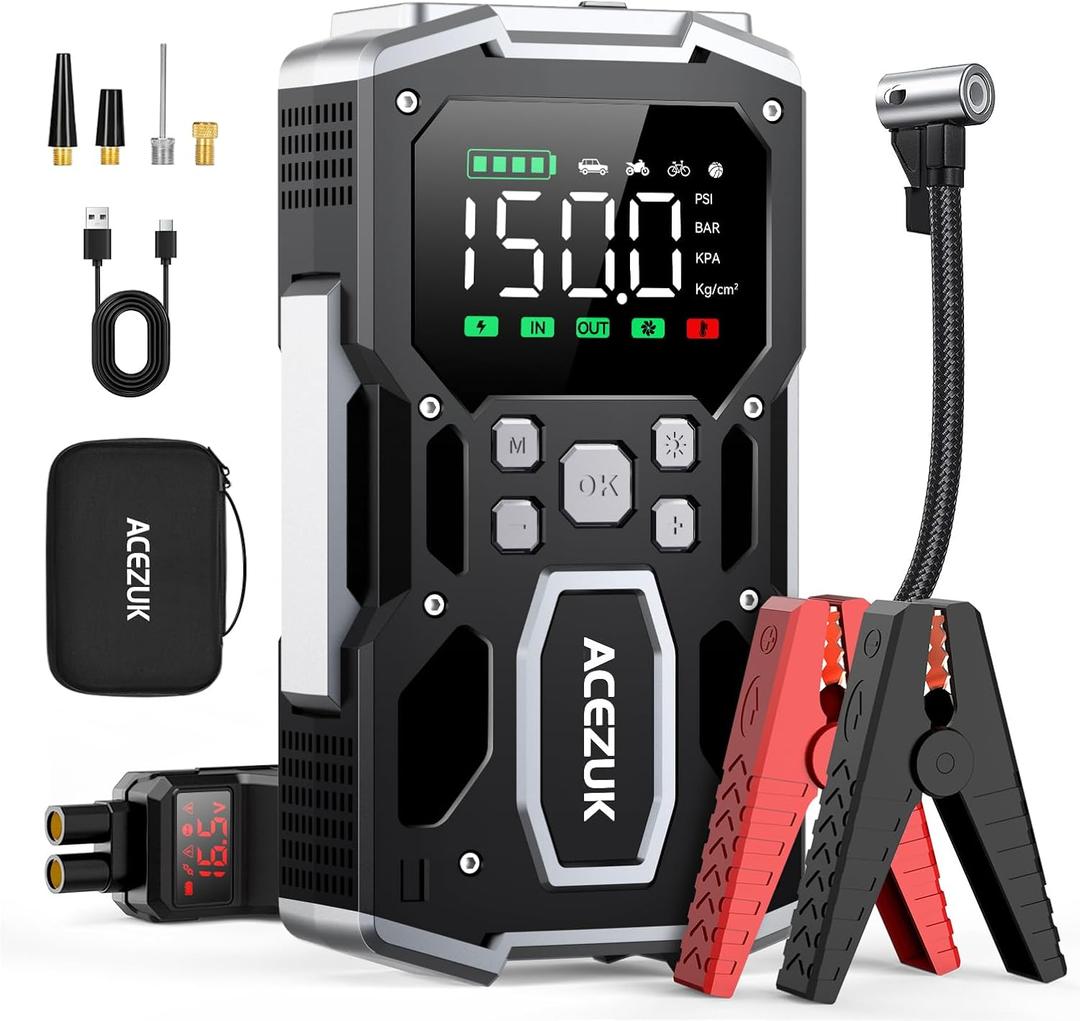 Portable Car Jump Starter with Air Compressor, ACEZUK 150PSI 8000A Jump Starter (All Gas/10.0L Diesel), 12V Battery Jump Box Car Battery Jumper Starter with 3.4" LCD Display, 2 Lights