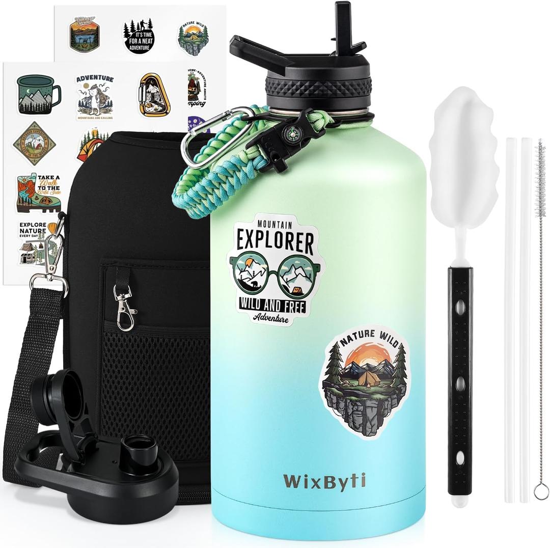 One Gallon Water Bottle Insulated, Triple Wall Vacuum Cold for 48 Hrs & Leak-proof & Non-BPA, 128oz Large Sports Stainless Steel Water Jug with Paracord Handle Straw Spout Lids & DIY Stickers (Green Cyan)