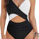Blooming Jelly Womens One Piece Swimsuit Sexy Tummy Control Bathing Suit Cute Color Block Cheeky Ladies Monokini Swimwear (Small, Black & White)