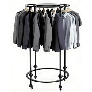 27.5x51in Round Garment Rack, Rolling with Topper, 360 Rotating, Black