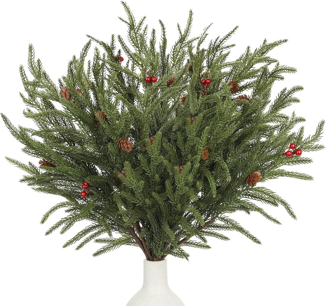 20 Inch Artificial Christmas Norfolk Pine Stems 3 Bunches Faux Pine Branches with Red Berries and Pinecones Fake Christmas Greenery Picks for Holiday Centerpiece Winter Arrangement Table Mantel Dcor