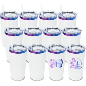 20 oz Tumbler Bulk 12 Pack Stainless Steel Tumblers with Lids and Straws, Double Wall Vacuum Insulated Travel Coffee Mug for Laser Engrave, Powder Coated Cups for Hot and Cold Drinks (White,12 pack) (White - Blue&Purple Plated)